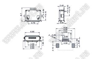 US01-520 розетка микро USB2.0 для поверхностного (SMD) монтажа, тип AB, 5 конт.