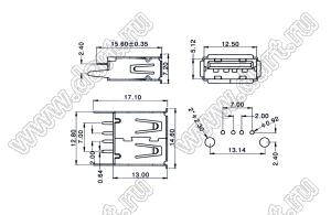 US01-178 розетка USB2.0 на плату для выводного монтажа прямая вертикальные тип A