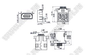 US10-046 розетка мини USB2.0 для поверхностного (SMD) монтажа, 10 конт.