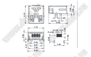 US01-081 розетка мини USB2.0 для поверхностного (SMD) монтажа, 5 конт.