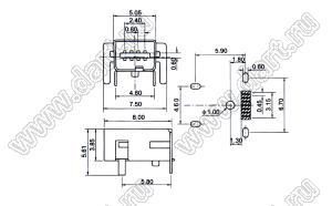 US10-057 розетка мини USB2.0 для поверхностного (SMD) монтажа, 8 конт.