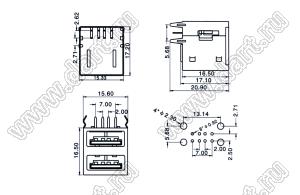 US01-112 (USBA-2J, USBA-2FR) сдвоенные розетки USB2.0 на плату для выводного монтажа угловые горизонтальная тип A