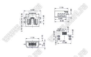 US01-423 розетка мини USB2.0 для поверхностного (SMD) монтажа, тип AB, 5 конт.