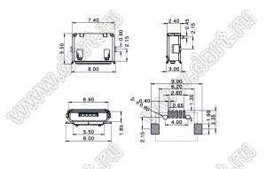 US01-517 розетка микро USB2.0 для поверхностного (SMD) монтажа, тип B, 5 конт.