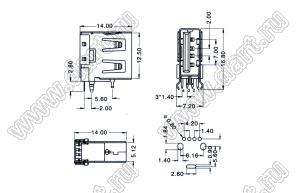 US01-206 вилка USB2.0 на плату для выводного монтажа угловая вертикальные тип A