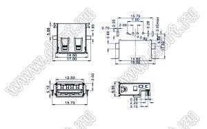 US01-560 розетка USB2.0 на плату для выводного монтажа угловая горизонтальная тип A