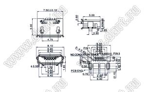 US10-101 розетка микро USB2.0 для поверхностного (SMD) монтажа, 5 конт.