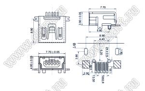 US10-067 розетка мини USB2.0 для поверхностного (SMD) монтажа, 5 конт.