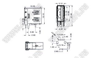 US01-642 розетка USB2.0 на плату для выводного монтажа угловая вертикальные тип A