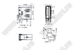 US01-483 розетка USB2.0 на плату для выводного монтажа угловая вертикальные тип A