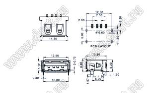 US01-690 розетка USB2.0 на плату SMD тип A