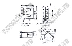 US01-237 розетка USB2.0 на плату для выводного монтажа угловая вертикальные тип A
