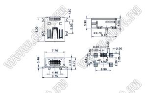 US01-458 розетка мини USB2.0 для поверхностного (SMD) монтажа, тип AB, 5 конт.