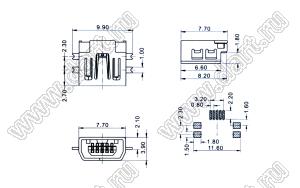 US01-310 розетка мини USB2.0 для поверхностного (SMD) монтажа, тип AB, 5 конт.