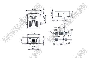 US01-304 розетка мини USB2.0 для поверхностного (SMD) монтажа, 5 конт.,(0.3)