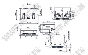 US10-052 розетка мини USB2.0 для поверхностного (SMD) монтажа, 14 конт.