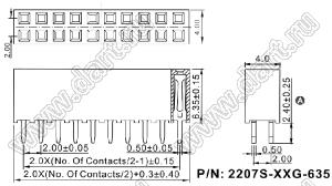 2207S-38G-635 розетка прямая двухрядная на плату для монтажа в отверстия; шаг 2,00 x 2,00 мм; (2x19) конт.