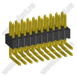 2199R15-20G-301523 (PLLD1.27-20R) вилка штыревая открытая угловая двухрядная на плату для монтажа в отверстия, шаг 1,27 x 1,27 мм, 2x10конт.