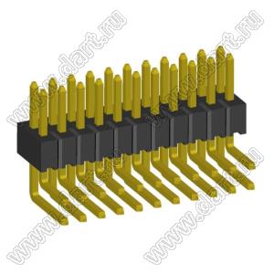 2199R15-22G-301523 (PLLD1.27-22R) вилка штыревая открытая угловая двухрядная на плату для монтажа в отверстия, шаг 1,27 x 1,27 мм, 2x11конт.