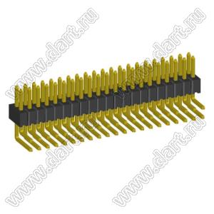 2199R15-42G-301523 (PLLD1.27-42R) вилка штыревая открытая угловая двухрядная на плату для монтажа в отверстия, шаг 1,27 x 1,27 мм, 2x21конт.