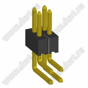 2199R15-04G-301523 (PLLD1.27-04R) вилка штыревая открытая угловая двухрядная на плату для монтажа в отверстия, шаг 1,27 x 1,27 мм, 2x2конт.