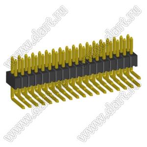 2199R15-36G-301523 (PLLD1.27-36R) вилка штыревая открытая угловая двухрядная на плату для монтажа в отверстия, шаг 1,27 x 1,27 мм, 2x18конт.