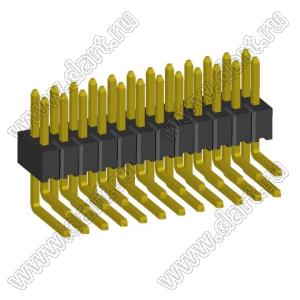 2199R15-24G-301523 (PLLD1.27-24R) вилка штыревая открытая угловая двухрядная на плату для монтажа в отверстия, шаг 1,27 x 1,27 мм, 2x12конт.