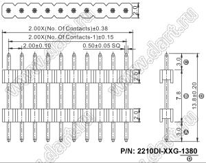 2210DI-20G-1380 вилка открытая прямая с двойным изолятором однорядная на плату для монтажа в отверстия, шаг 2,00 мм, L=13,8 мм, 20 конт.