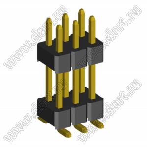 2199SBDI-06G-SM-3580 (PLLHD1.27-06S) вилка штыревая открытая прямая двухрядная с двойным изолятором на плату для поверхностного (SMD) монтажа, шаг 1,27x1,27 мм, 2x3 конт.