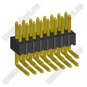 2199R15-16G-301523 (PLLD1.27-16R) вилка штыревая открытая угловая двухрядная на плату для монтажа в отверстия, шаг 1,27 x 1,27 мм, 2x8конт.