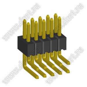 2199R15-10G-301523 (PLLD1.27-10R) вилка штыревая открытая угловая двухрядная на плату для монтажа в отверстия, шаг 1,27 x 1,27 мм, 2x5конт.