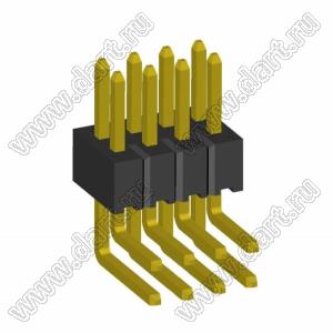 2199R15-08G-301523 (PLLD1.27-08R) вилка штыревая открытая угловая двухрядная на плату для монтажа в отверстия, шаг 1,27 x 1,27 мм, 2x4конт.