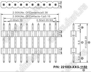 2210DI-40G-1150 вилка открытая прямая с двойным изолятором однорядная на плату для монтажа в отверстия, шаг 2,00 мм, L=11,5 мм, 40 конт.; 20-конт.