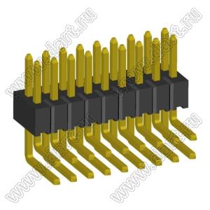 2199R15-18G-301523 (PLLD1.27-18R) вилка штыревая открытая угловая двухрядная на плату для монтажа в отверстия, шаг 1,27 x 1,27 мм, 2x9конт.