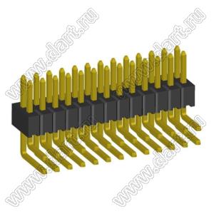 2199R15-26G-301523 (PLLD1.27-26R) вилка штыревая открытая угловая двухрядная на плату для монтажа в отверстия, шаг 1,27 x 1,27 мм, 2x13конт.