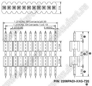 2206PADI-44G-720 вилка открытая прямая однорядная с двойным изолятором на плату для монтажа в отверстия; 44-конт.; P=1,27x2,54мм