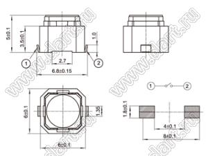 TVFU03-050 кнопка тактовая SMD с большим перемещением толкателя 6х6х5 мм