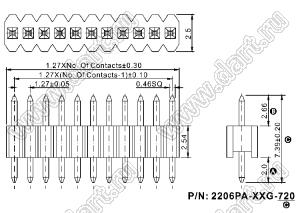 2206PA-13G-720 вилка открытая прямая однорядная на плату для монтажа в отверстия; шаг 1,27 x 2,54 мм; (1x13) конт.
