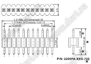 2206PA-29G-720 вилка открытая прямая однорядная на плату для монтажа в отверстия; шаг 1,27 x 2,54 мм; (1x29) конт.