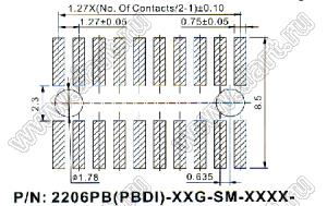 2206PB-034G-SM-2838-CG вилка открытая прямая двухрядная с направляющими на плату для поверхностного (SMD) монтажа с захватом; шаг 1,27 x 2,54 мм; (2x17) конт.