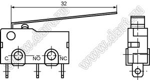 KW11-3Z-51AB7B (SM5-07N-40G, SM3-44N, SM5-44N) микропереключатель концевой с рычагом 32мм