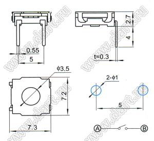 WS027 кнопка тактовая пылевлагозащищенная; 7,3x7,2x2,7мм