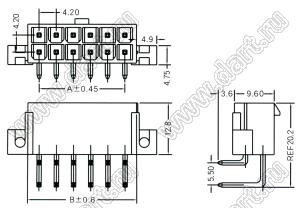 4200WR-L-2X07P (5569R-14, MF-14MRB, MF-2x7 MRB Mini-Fit Jr.™ MOLEX 39291148) вилка на плату угловая двухрядная с крепёжн. ушами; шаг 4,2мм; 2x7-конт.