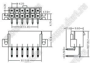 4200WR-L-2X10P (5569R-20, MF-20MRB, MF-2x10 MRB Mini-Fit Jr.™ MOLEX 39291208) вилка на плату угловая двухрядная с крепёжн. ушами; шаг 4,2мм; 2x10-конт.