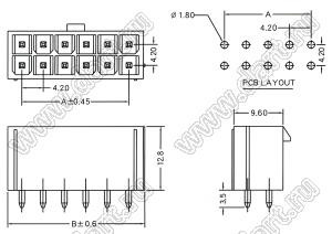 4200WV-2X09P (5569S-18, Mini-Fit Jr.™ MOLEX 46207-1018) вилка на плату прямая двухрядная с выводами в плату квадратного сечения; шаг 4,2мм; 2x9-конт.