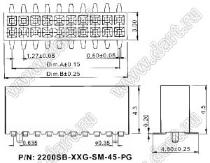 2200SB-020G-SM-45-PG Розетка прямая двухрядная (гнездо) для поверхностного (SMD) монтажа на плату с направляющими, шаг 1,27x1,27мм, h=4,5мм; 2x10конт.