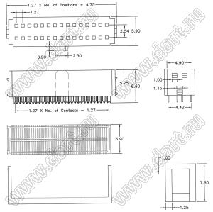 DS1016-01-010 (IDC1,27x2.54-10F, 4501-010SR, 5343-1-010-SPW, C3007-10YYSB00R) розетка IDC, шаг 1,27x2,54мм на плоский кабель (шлейф) с шагом 0,635 мм; 2x5-конт.