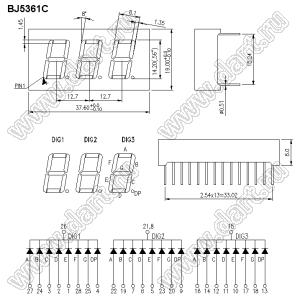 BJ5361CG индикатор светодиодный; 0.56"; 3-разр.; 7-сегм.; желто-зеленый; общий катод