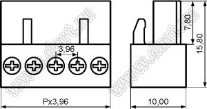 HT396K-3.96-05P-15 розетка однорядная на провод с прямыми входами проводов под винтовые зажимы; шаг=3,96мм; I max=8/8А (UL/ICT); U=300/250В (UL/ICT); 5-конт.