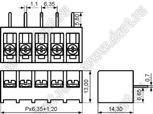 HB611B-6.35-05P-13 клеммник барьерный, выводы угловые в плату; шаг=6,35мм; I max=20/24А (стандарт UL/ICT); U=300/450В (стандарт UL/ICT); 5-конт.